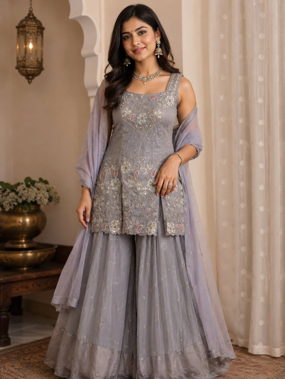 Gray Embroidered Indian Sharara Suit Set with Dupatta | Indian Outfit
